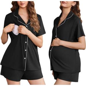 image:imageEkouaer Womens Maternity Nursing Pajama Sets Button Down Postpartum Pajamas Short Sleeve Breastfeeding ClothesBlack