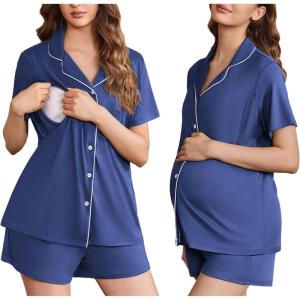 image:imageEkouaer Womens Maternity Nursing Pajama Sets Button Down Postpartum Pajamas Short Sleeve Breastfeeding ClothesBlue