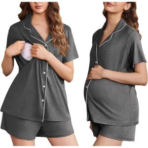 image:imageEkouaer Womens Maternity Nursing Pajama Sets Button Down Postpartum Pajamas Short Sleeve Breastfeeding ClothesDark Grey
