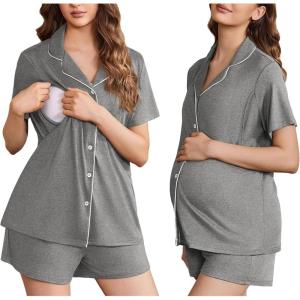 image:imageEkouaer Womens Maternity Nursing Pajama Sets Button Down Postpartum Pajamas Short Sleeve Breastfeeding ClothesMiddle Grey