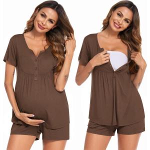 image:imageEkouaer Womens Maternity Nursing Pajama Sets Short Sleeve Postpartum Pajamas Breastfeeding Pregnancy ClothesBrown