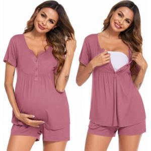 image:imageEkouaer Womens Maternity Nursing Pajama Sets Short Sleeve Postpartum Pajamas Breastfeeding Pregnancy ClothesGrey Red