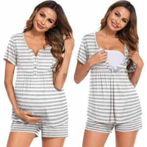 image:imageEkouaer Womens Maternity Nursing Pajama Sets Short Sleeve Postpartum Pajamas Breastfeeding Pregnancy ClothesLight Grey Stripe