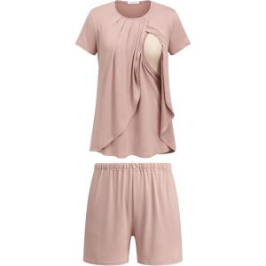 image:imageEkouaer Womens Maternity Nursing Pajamas Set Breastfeeding Sleepwear Double Layer Short Sleeve Top amp Shorts Nursing PjsApink