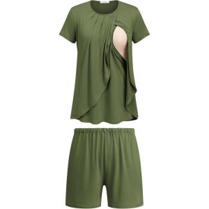 image:imageEkouaer Womens Maternity Nursing Pajamas Set Breastfeeding Sleepwear Double Layer Short Sleeve Top amp Shorts Nursing PjsArmy Green
