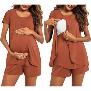 image:imageEkouaer Womens Maternity Nursing Pajamas Set Breastfeeding Sleepwear Double Layer Short Sleeve Top amp Shorts Nursing PjsCaramel