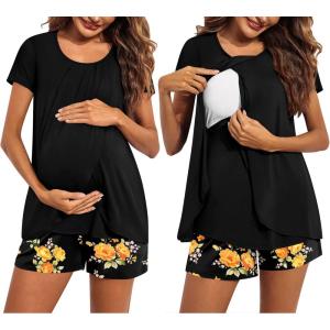 image:imageEkouaer Womens Maternity Nursing Pajamas Set Breastfeeding Sleepwear Double Layer Short Sleeve Top amp Shorts Nursing PjsFloral Black