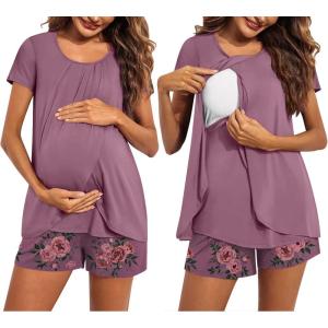 image:imageEkouaer Womens Maternity Nursing Pajamas Set Breastfeeding Sleepwear Double Layer Short Sleeve Top amp Shorts Nursing PjsFloral Purplishred