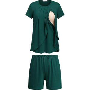 image:imageEkouaer Womens Maternity Nursing Pajamas Set Breastfeeding Sleepwear Double Layer Short Sleeve Top amp Shorts Nursing PjsGreen