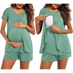 image:imageEkouaer Womens Maternity Nursing Pajamas Set Breastfeeding Sleepwear Double Layer Short Sleeve Top amp Shorts Nursing PjsGrey Green