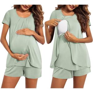 image:imageEkouaer Womens Maternity Nursing Pajamas Set Breastfeeding Sleepwear Double Layer Short Sleeve Top amp Shorts Nursing PjsLight Green