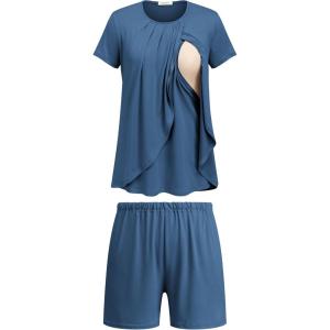 image:imageEkouaer Womens Maternity Nursing Pajamas Set Breastfeeding Sleepwear Double Layer Short Sleeve Top amp Shorts Nursing PjsNavy