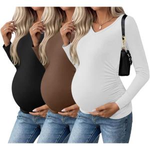 image:imageEkouaer Womens Maternity Shirts Long Sleeve 3 Packs Pregnancy VNeck Clothes Side Ruched Blouse Tops for Mama SXXLBlackBrownWhite