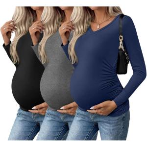 image:imageEkouaer Womens Maternity Shirts Long Sleeve 3 Packs Pregnancy VNeck Clothes Side Ruched Blouse Tops for Mama SXXLBlackDark GreyNavy Blue