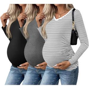 image:imageEkouaer Womens Maternity Shirts Long Sleeve 3 Packs Pregnancy VNeck Clothes Side Ruched Blouse Tops for Mama SXXLBlackDark GreyWhite Stripe