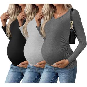 image:imageEkouaer Womens Maternity Shirts Long Sleeve 3 Packs Pregnancy VNeck Clothes Side Ruched Blouse Tops for Mama SXXLBlackLight GreyDark Grey