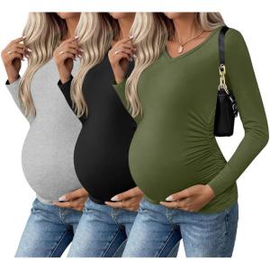 image:imageEkouaer Womens Maternity Shirts Long Sleeve 3 Packs Pregnancy VNeck Clothes Side Ruched Blouse Tops for Mama SXXLLight GreyBlackArmy Green