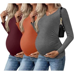 image:imageEkouaer Womens Maternity Shirts Long Sleeve 3 Packs Pregnancy VNeck Clothes Side Ruched Blouse Tops for Mama SXXLMaroonCaramelDark Grey