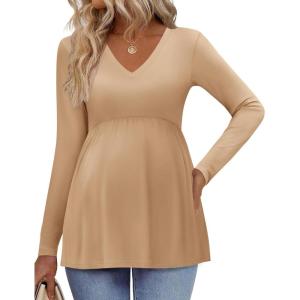 image:imageEkouaer Womens Maternity Shirts Long Sleeve Pregnancy Tops for Women V Neck Tunic Blouses ClothesKhaki