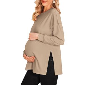 image:imageEkouaer Womens Maternity Shirts Long Sleeve Split Side Pregnancy Tee Top Tunic Blouse Casual Mama ClothesKhaki 1