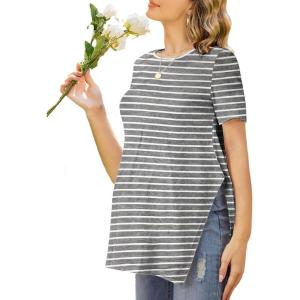 image:imageEkouaer Womens Maternity Shirts Short Sleeve Pregnancy Tops Blouses Split Side Casual Crewneck Pregnant Tunic TeeDark Grey Striped