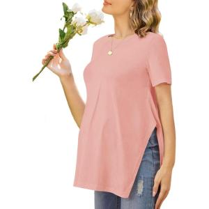 image:imageEkouaer Womens Maternity Shirts Short Sleeve Pregnancy Tops Blouses Split Side Casual Crewneck Pregnant Tunic TeePink