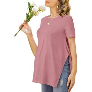 image:imageEkouaer Womens Maternity Shirts Short Sleeve Pregnancy Tops Blouses Split Side Casual Crewneck Pregnant Tunic TeeRed Purple