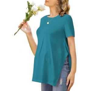 image:imageEkouaer Womens Maternity Shirts Short Sleeve Pregnancy Tops Blouses Split Side Casual Crewneck Pregnant Tunic TeeTeal