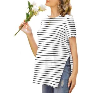 image:imageEkouaer Womens Maternity Shirts Short Sleeve Pregnancy Tops Blouses Split Side Casual Crewneck Pregnant Tunic TeeWhite Black Stripe
