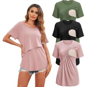 image:imageEkouaer Womens Maternity Shirts Short Sleeves Nursing Tops 3 Pack Double Laye Breastfeeding Tees Pregnancy Clothes SXXL3pcs Black  Army Green  Dirty Pink
