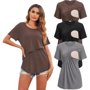 image:imageEkouaer Womens Maternity Shirts Short Sleeves Nursing Tops 3 Pack Double Laye Breastfeeding Tees Pregnancy Clothes SXXL3pcs Black  Brown  Grey