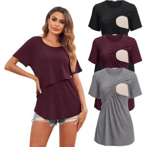 image:imageEkouaer Womens Maternity Shirts Short Sleeves Nursing Tops 3 Pack Double Laye Breastfeeding Tees Pregnancy Clothes SXXL3pcs Black  Dark Red  Grey