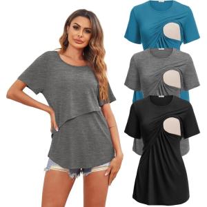 image:imageEkouaer Womens Maternity Shirts Short Sleeves Nursing Tops 3 Pack Double Laye Breastfeeding Tees Pregnancy Clothes SXXL3pcs Black  Deep Grey  Blue Green