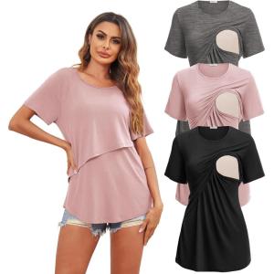 image:imageEkouaer Womens Maternity Shirts Short Sleeves Nursing Tops 3 Pack Double Laye Breastfeeding Tees Pregnancy Clothes SXXL3pcs Black  Dirty Pink  Dark Gray