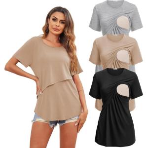 image:imageEkouaer Womens Maternity Shirts Short Sleeves Nursing Tops 3 Pack Double Laye Breastfeeding Tees Pregnancy Clothes SXXL3pcs Black  Khaki  Light Gray