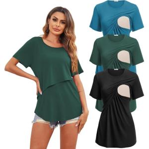image:imageEkouaer Womens Maternity Shirts Short Sleeves Nursing Tops 3 Pack Double Laye Breastfeeding Tees Pregnancy Clothes SXXL3pcs Black  Lake Green  Teal