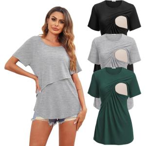 image:imageEkouaer Womens Maternity Shirts Short Sleeves Nursing Tops 3 Pack Double Laye Breastfeeding Tees Pregnancy Clothes SXXL3pcs Black  Light Gray  Lake Green