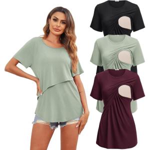 image:imageEkouaer Womens Maternity Shirts Short Sleeves Nursing Tops 3 Pack Double Laye Breastfeeding Tees Pregnancy Clothes SXXL3pcs Black  Light Green  Dark Red