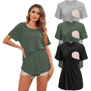 image:imageEkouaer Womens Maternity Shirts Short Sleeves Nursing Tops 3 Pack Double Laye Breastfeeding Tees Pregnancy Clothes SXXL3pcs Black  Light Grey  Deep Army Green
