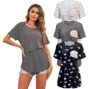 image:imageEkouaer Womens Maternity Shirts Short Sleeves Nursing Tops 3 Pack Double Laye Breastfeeding Tees Pregnancy Clothes SXXL3pcs Deep Grey  Floral Grey  Stripe Black  White