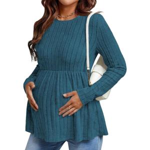 image:imageEkouaer Womens Maternity Tops Long Sleeve Pregnancy Tunic Blouses Crew Neck Ribbed Shirts Pregnant ClothesBlue