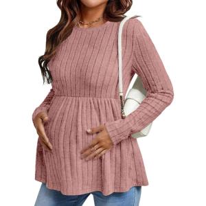 image:imageEkouaer Womens Maternity Tops Long Sleeve Pregnancy Tunic Blouses Crew Neck Ribbed Shirts Pregnant ClothesBlush Pink