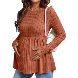 image:imageEkouaer Womens Maternity Tops Long Sleeve Pregnancy Tunic Blouses Crew Neck Ribbed Shirts Pregnant ClothesCaramel