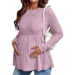 image:imageEkouaer Womens Maternity Tops Long Sleeve Pregnancy Tunic Blouses Crew Neck Ribbed Shirts Pregnant ClothesDark Pink