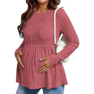 image:imageEkouaer Womens Maternity Tops Long Sleeve Pregnancy Tunic Blouses Crew Neck Ribbed Shirts Pregnant ClothesDusty Rose