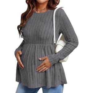 image:imageEkouaer Womens Maternity Tops Long Sleeve Pregnancy Tunic Blouses Crew Neck Ribbed Shirts Pregnant ClothesGrey