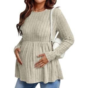 image:imageEkouaer Womens Maternity Tops Long Sleeve Pregnancy Tunic Blouses Crew Neck Ribbed Shirts Pregnant ClothesLight Brown