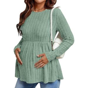 image:imageEkouaer Womens Maternity Tops Long Sleeve Pregnancy Tunic Blouses Crew Neck Ribbed Shirts Pregnant ClothesLight Green