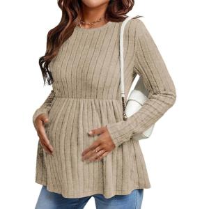 image:imageEkouaer Womens Maternity Tops Long Sleeve Pregnancy Tunic Blouses Crew Neck Ribbed Shirts Pregnant ClothesMocha Brown
