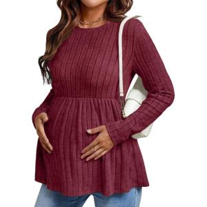 image:imageEkouaer Womens Maternity Tops Long Sleeve Pregnancy Tunic Blouses Crew Neck Ribbed Shirts Pregnant ClothesWine Red